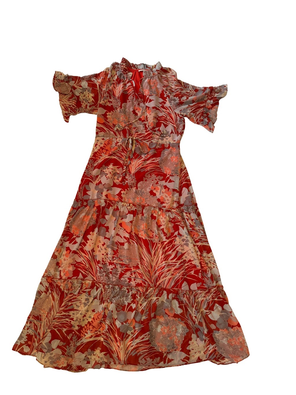 Jade Red Floral Ruffle-Tie Maxi Dress